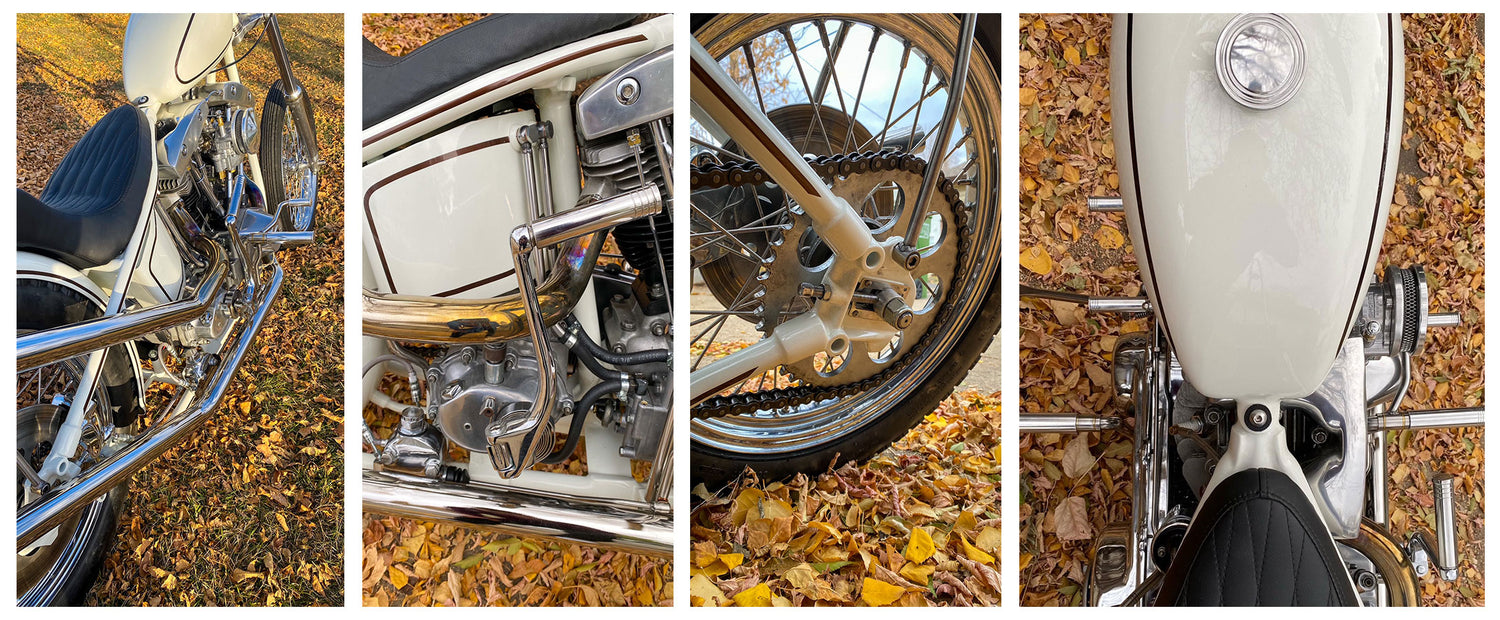 four pictures of white shovelhead chopper