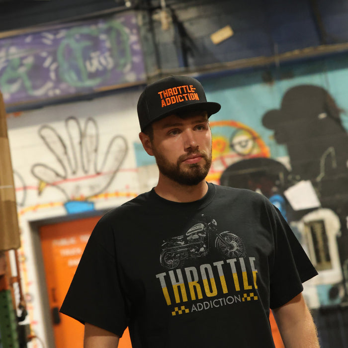 Throttle Addiction - 5 Panel Snap Back Hat - Orange AMF Script - Black