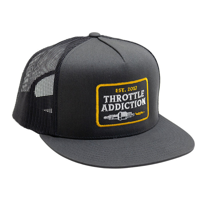 Throttle Addiction - 5 Panel Snap Back Hat - Spark Plug Patch - Gray