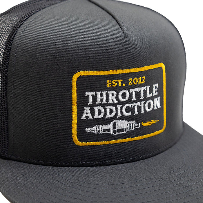 Throttle Addiction - 5 Panel Snap Back Hat - Spark Plug Patch - Gray