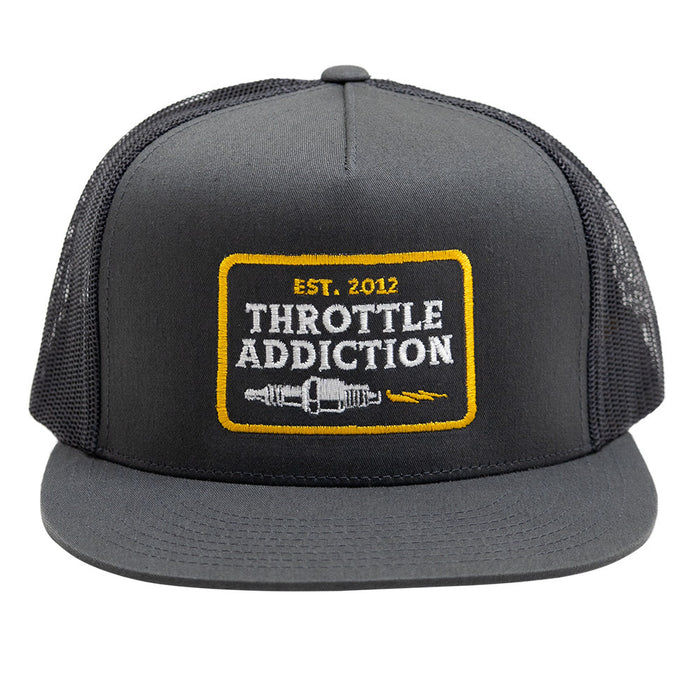 Throttle Addiction - 5 Panel Snap Back Hat - Spark Plug Patch - Gray